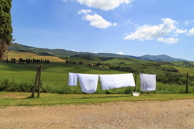 Wäsche trocknen auf dem Feld unter strahlender Sonne in der Toskana Agrartourismus Italien