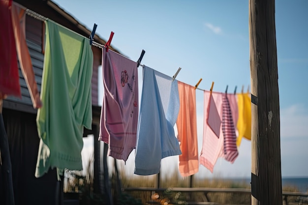 Wäscheleine mit bunten Windsäcken und Handtüchern, die im Wind hängen, erstellt mit generativer KI