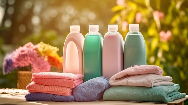 Wäscherei, Hauswirtschaft und Hauswirtschaft reinigen gefaltete Kleidung und Waschmittel-Conditioner-Flaschen im generativen Garten im Landhausstil