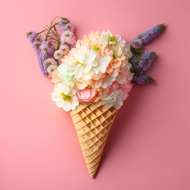 Waffelkegel mit schönem Blumenstrauß auf rosa Hintergrund, generativer AI