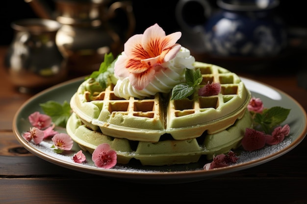 Waffeln Matcha mit frischer grüner Sahne IA