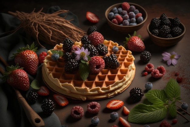 Waffeln mit Beeren Erdbeeren AI-Generation