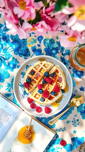 Waffeln mit Beeren und Honig auf einem weißen Teller und Buch auf einem Tisch mit gemusterter Tischdecken