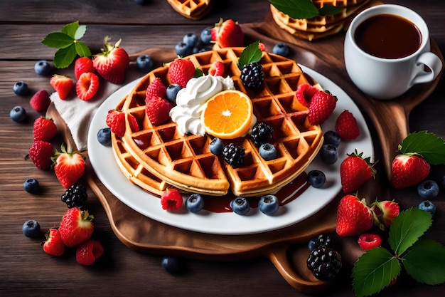 Waffeln mit Beeren und Sirup auf einem Teller mit einer Tasse Kaffee.