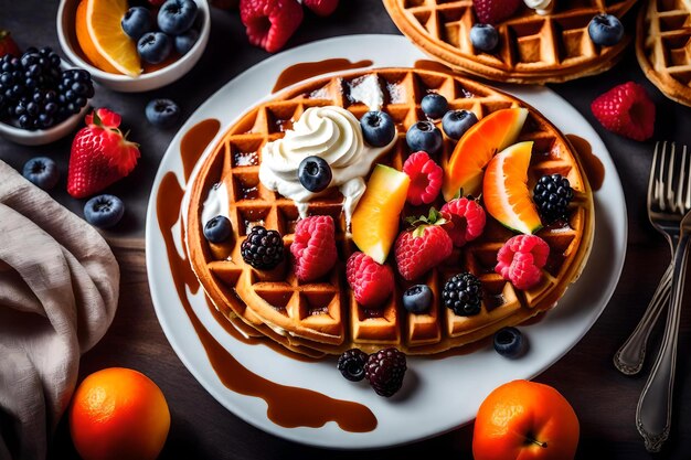 Waffeln mit Beeren und Sirup auf einem Tisch