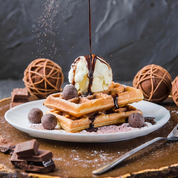 Waffeln mit Eiscreme, Schokolade und Schokoladenkugeln auf dem weißen Teller