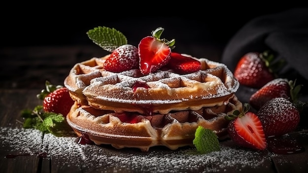 Waffeln mit Erdbeeren bestreut mit Puderzucker. Kreative Ressource AI generiert