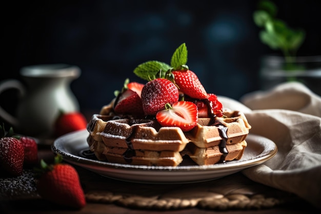 Waffeln mit Erdbeeren obenauf und einem Stapel Erdbeeren obendrauf