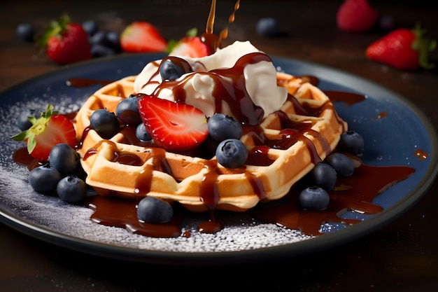 Waffeln mit frischen Beeren auf einem Holztisch