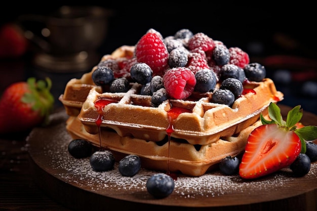 Waffeln mit Himbeeren und Himbeeren darauf