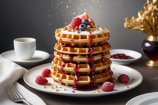 Waffeln mit Marmelade und Konfetti auf weißem Teller