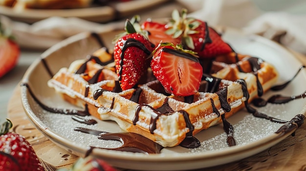 Waffeln mit Schokolade und Erdbeeren auf dem Teller