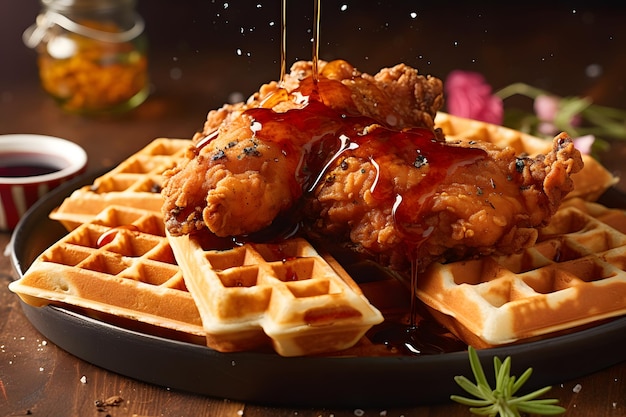 Waffeln und Ahornsirup, serviert mit saftigem und knusprigem Brathähnchen von Generative AI