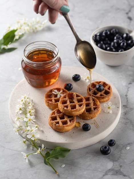 Waffels belgas caseiros com mirtilo e mel na mesa de mármore Vertical