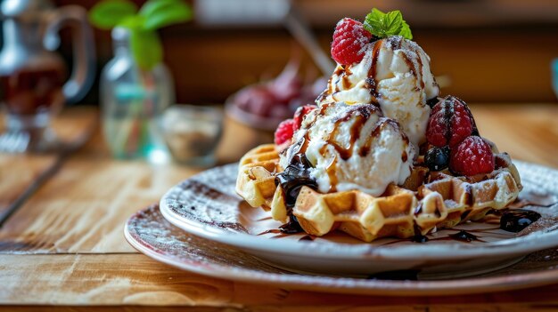 Waffelsundae mit Eiscreme gegen eine Dessertbar-Szene