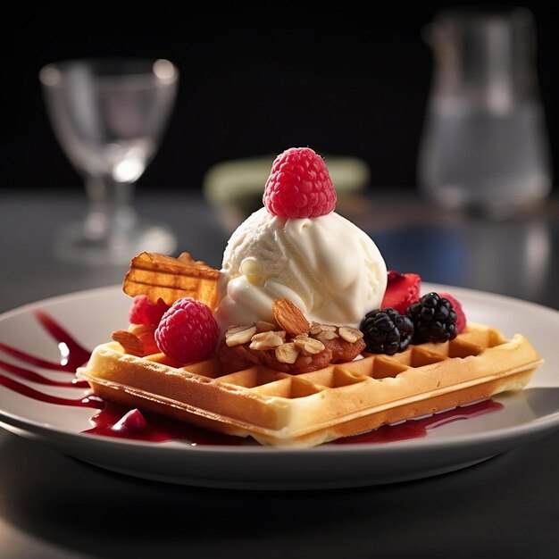 Foto un waffle con bayas y un vaso de agua.