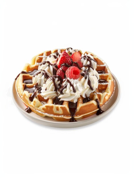 Foto un waffle belga cuadrado cubierto de bayas frescas y crema batida