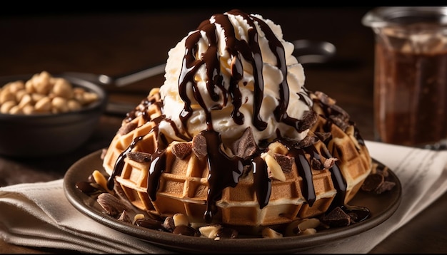 Waffle belga indulgente con helado de avellana y chocolate negro generado por IA