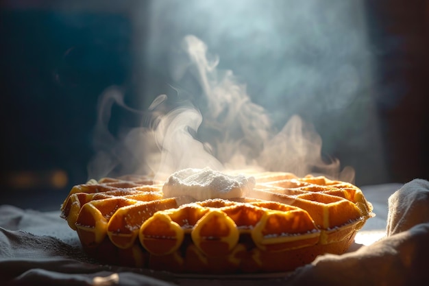 Waffle caliente con vapor y mantequilla derretida