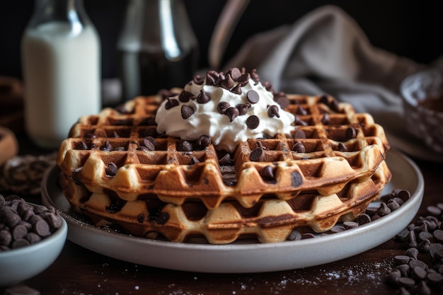 Un waffle de chispas de chocolate con chispas de chocolate encima.