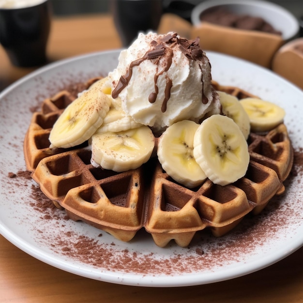 Foto waffle com sorvete e banana