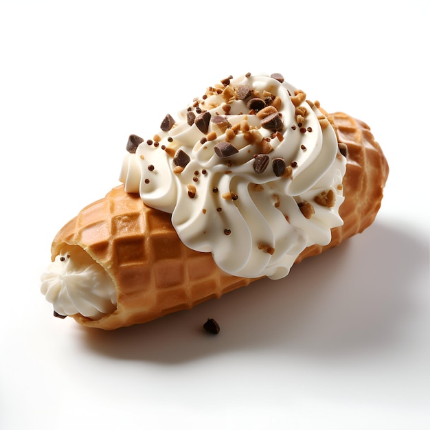 Foto waffle con crema batida y papas fritas de chocolate sobre un fondo blanco