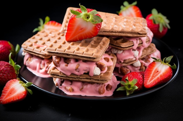 Waffle crocante de amendoim com creme de leite de morango e chocolate