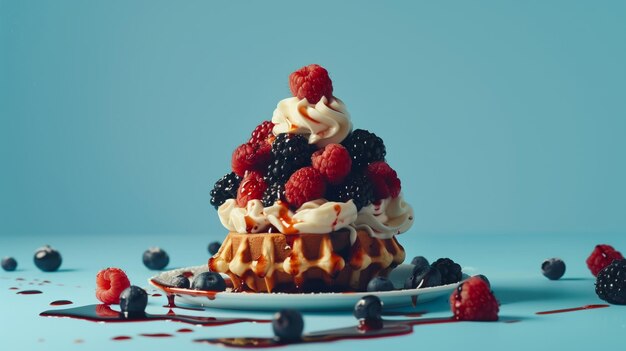 Foto waffle cubierto de bayas y crema batida ai generativa