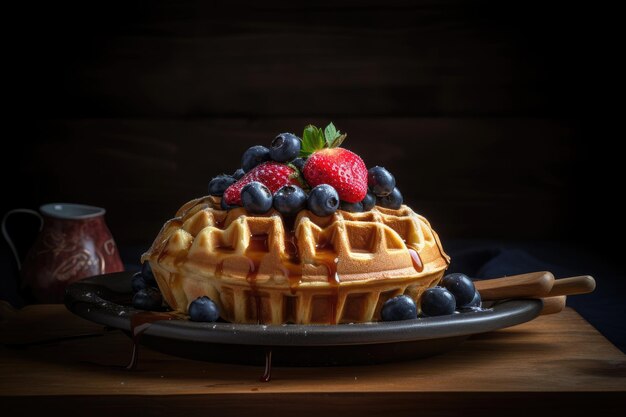 Waffle dorado con frutas frescas y helado derretido generativo IA