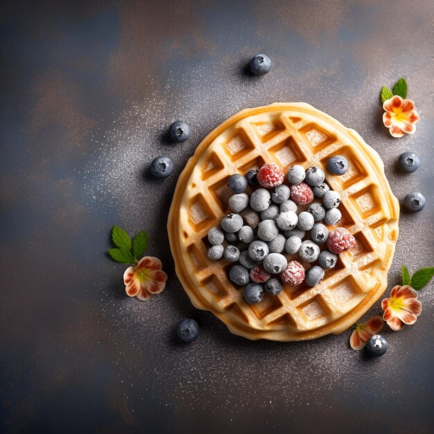 Waffle con frambuesa y arándanos sobre fondo negro