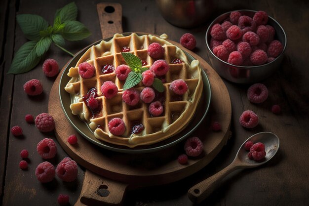 Foto waffle de fresa waffle frambuesa delicioso postre hermoso postre