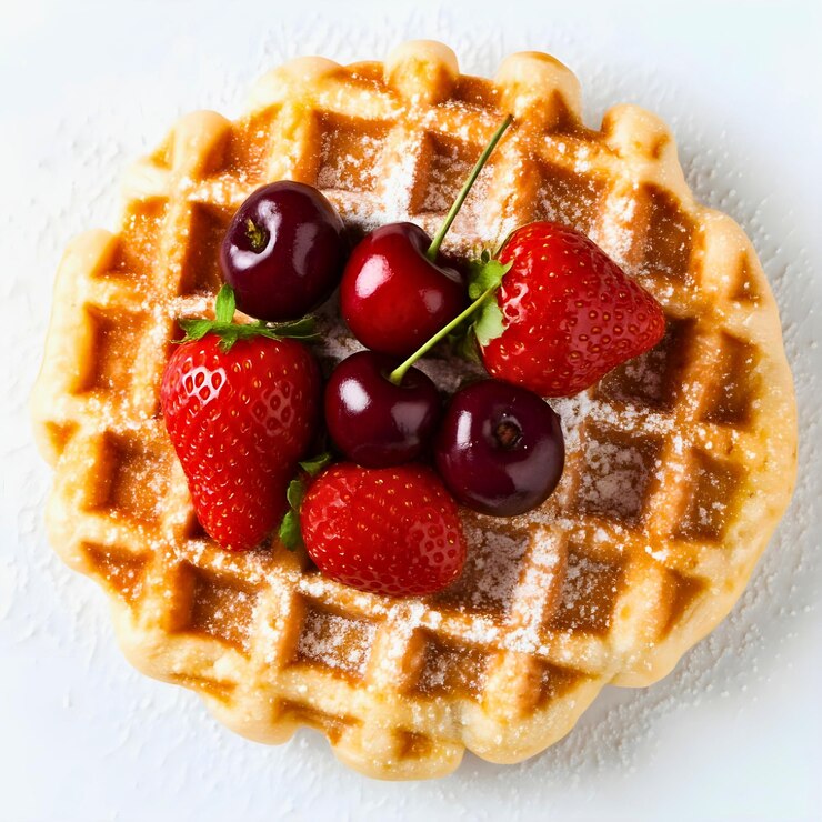 un waffle con fresas y cerezas en la parte superior