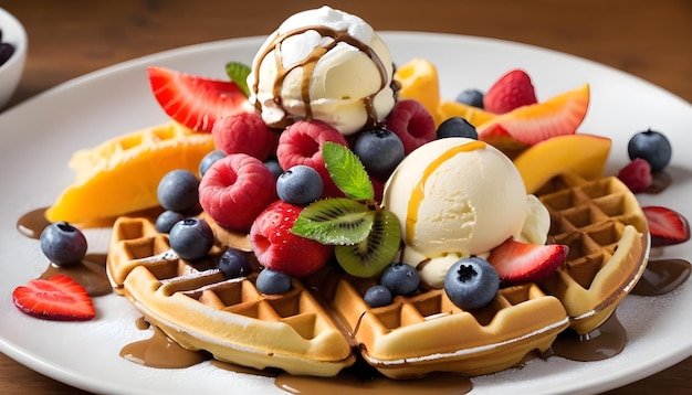 Waffle con frutas frescas y helado