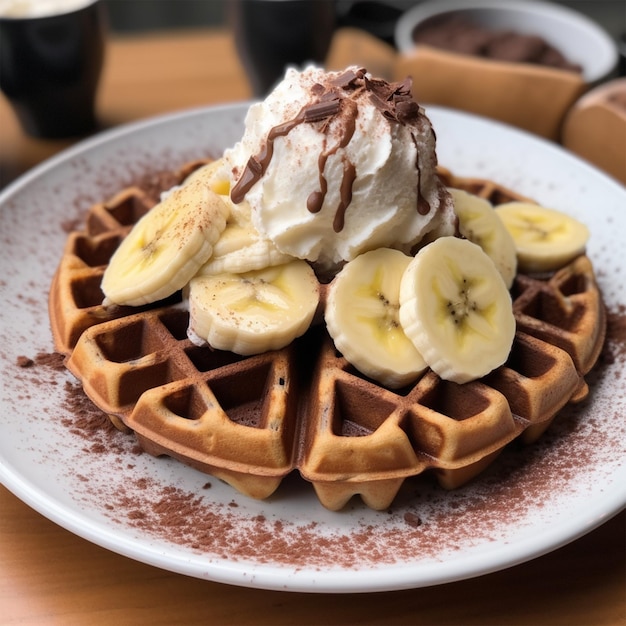 Waffle con helado y plátano