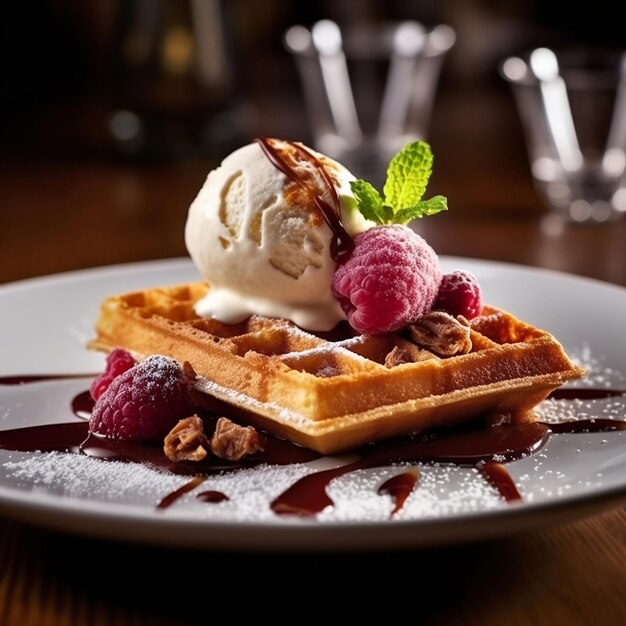 Foto un waffle con jarabe de chocolate y bayas en él