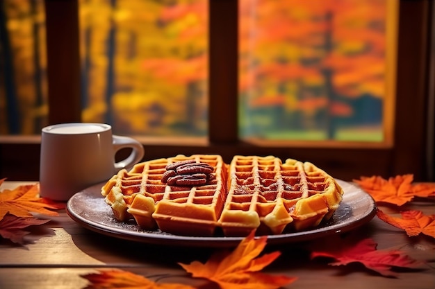 Waffle con levadura de nuez y canela de otoño en la mesa de madera del desayuno de la mañana de otoño