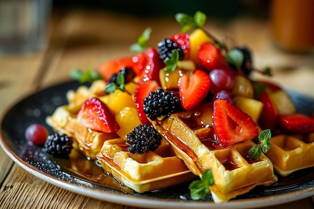 Foto waffle con miel y mezcla de frutas