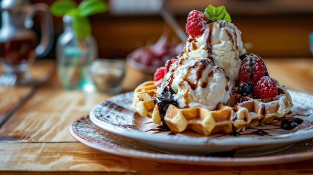 Waffle Sundae con helado contra una escena de un bar de postres