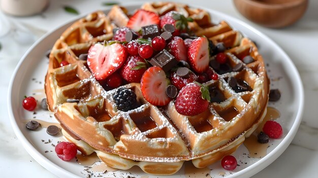 Foto waffle con trozos de chocolate de fresa y bayas en la tapa