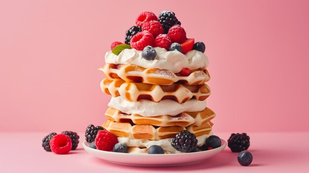 Waffles con bayas y crema batida sobre un fondo rosado