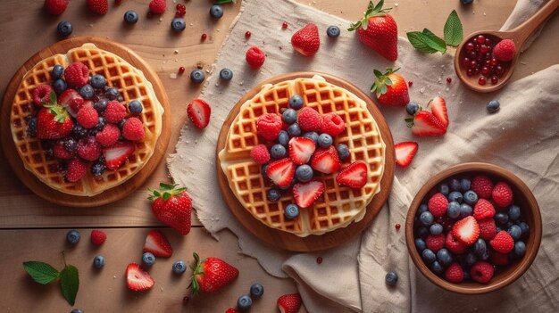 Waffles con bayas fresas vista de arriba hacia abajo