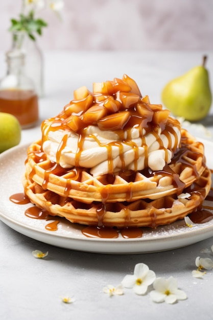 Waffles belgas artesanais com creme de caramelo e peras na bancada branca