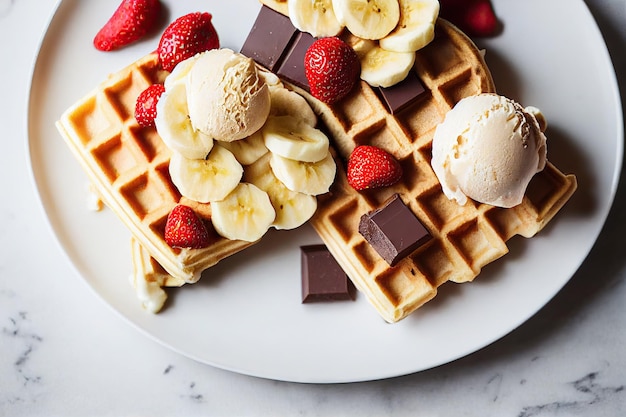 Waffles belgas con bayas de chocolate y helado en un plato