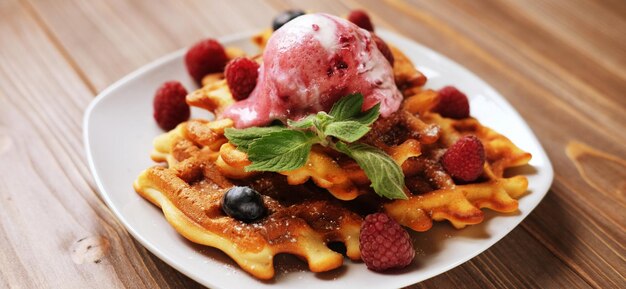 Waffles belgas con bayas frescas y helado