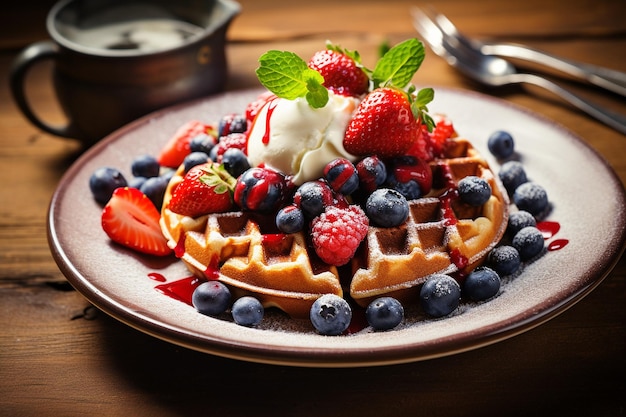 Waffles belgas con bayas y helado