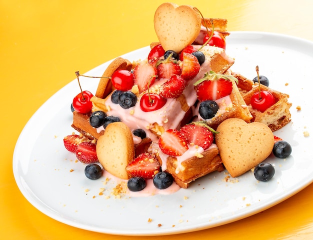 Waffles belgas con cobertura de cerezas, fresas y bayas