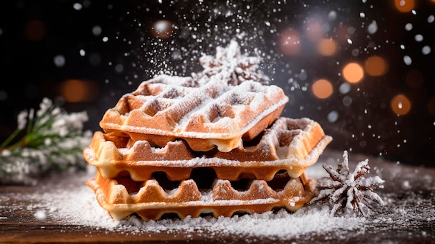 Waffles belgas com açúcar em pó Foco seletivo