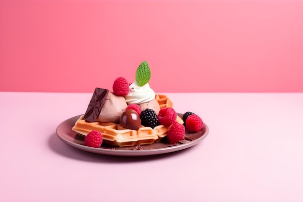 Waffles belgas com bagas de sorvete e chocolate isolados em fundo colorido da moda com espaço de cópia para texto Banner de comida com waffles em fundo roxo Generative AI