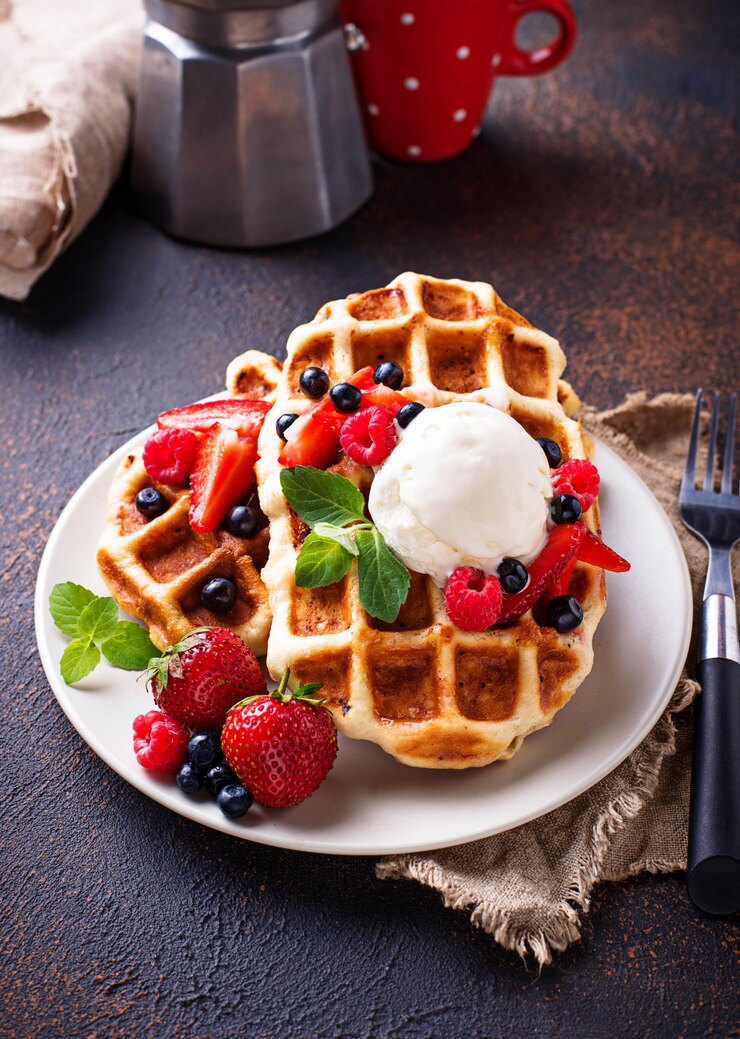 Foto waffles belgas com bagas e sorvete