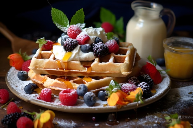 Waffles belgas com bagas frescas e creme batido em fundo de madeira